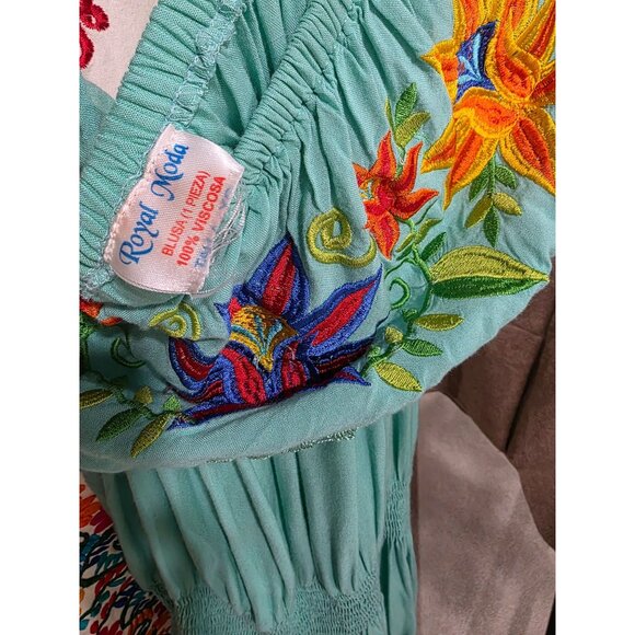 Mexican Boho Maxi Dress With Floral Embroidery & Lace Details Turquoise Color El - Picture 10 of 10